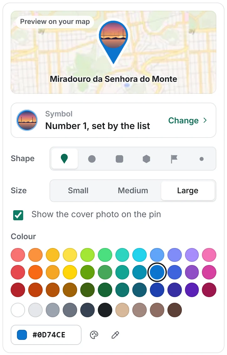 The pin appearance editor with a live preview, symbol, shape, size and a colour palette
