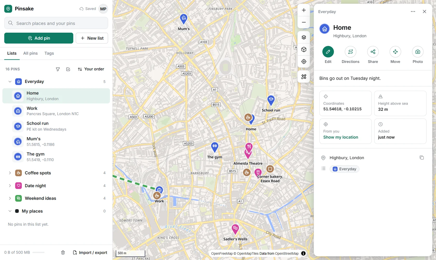 Pinsake on a computer: everyday places in London, with Home, Work and the school run, and Home open without ratings