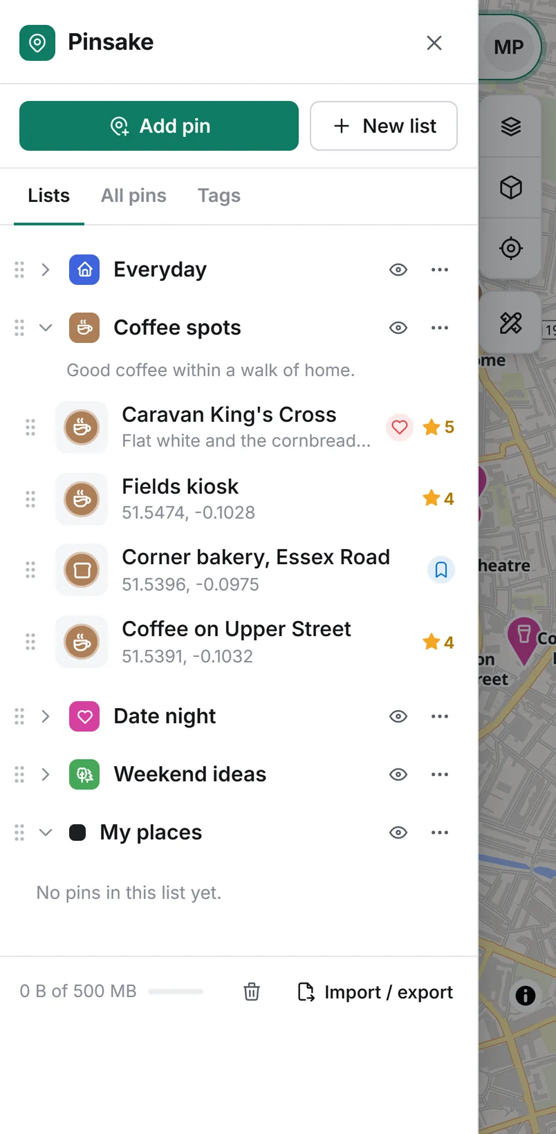 Pinsake in Safari on an iPhone: lists with their own symbols, Coffee spots open with ratings