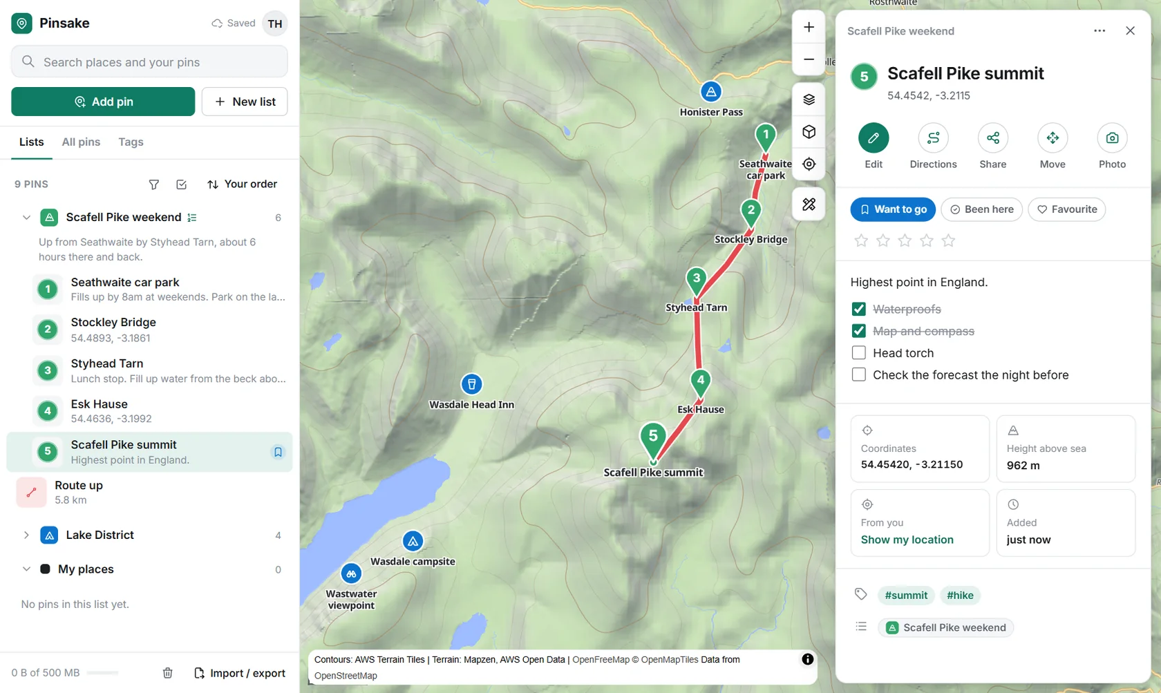 Pinsake on a computer: a hike up Scafell Pike on a map with contour lines, the summit pin open with its checklist and height above sea level