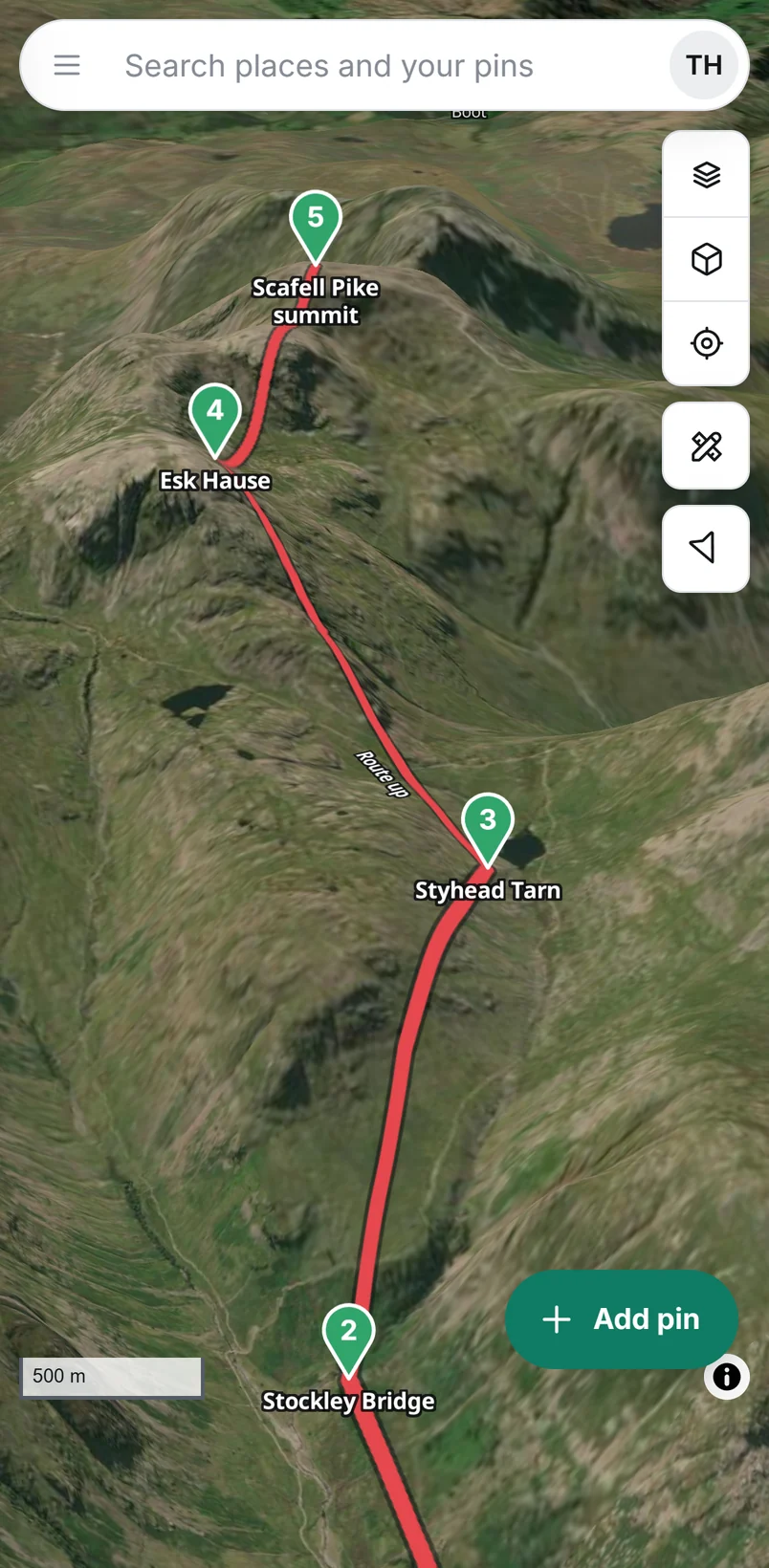 Pinsake in Safari on an iPhone: the route up Scafell Pike on satellite imagery in 3D