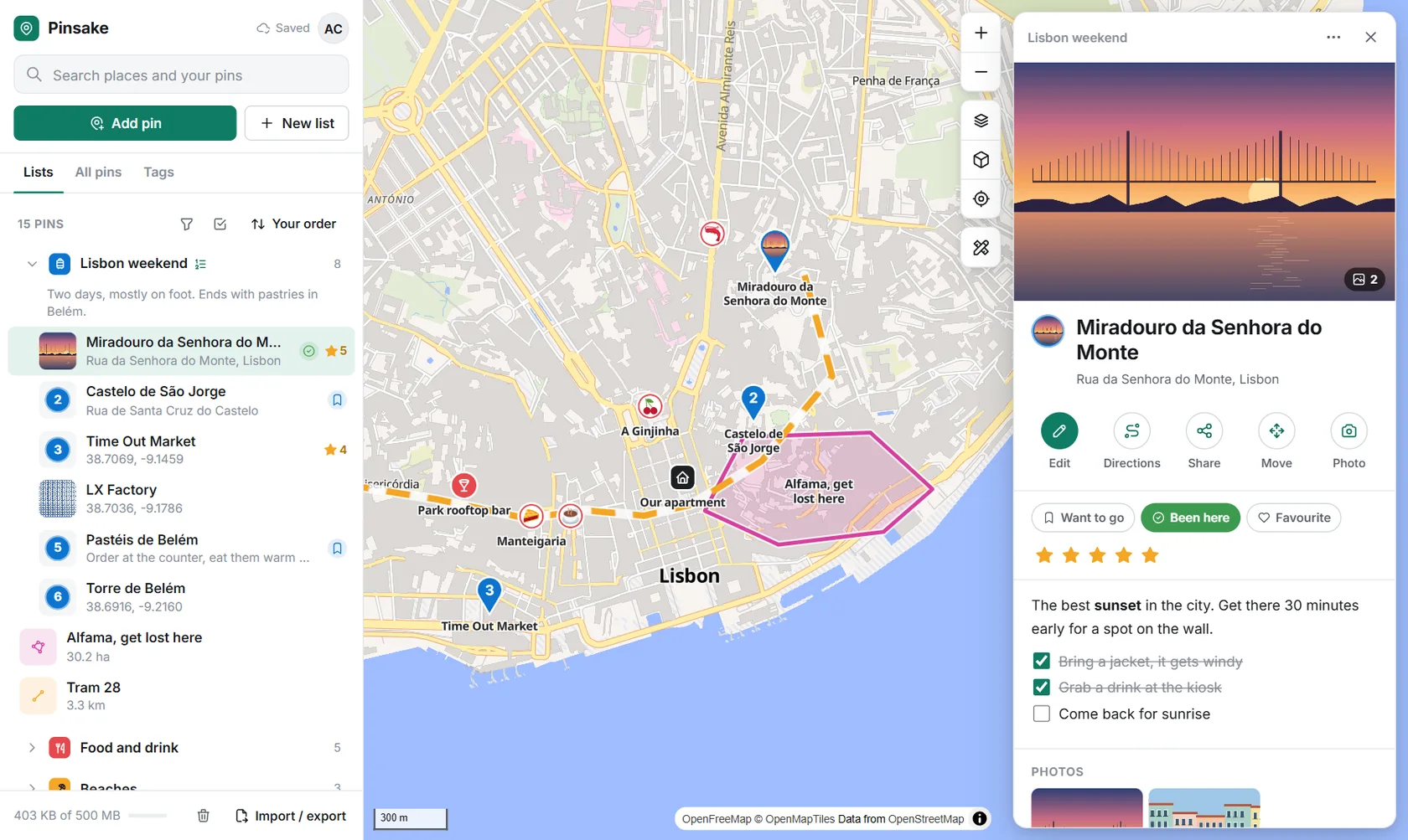 Pinsake on a computer: a Lisbon weekend list with a photo of a viewpoint, notes with a checklist and the pins on the map