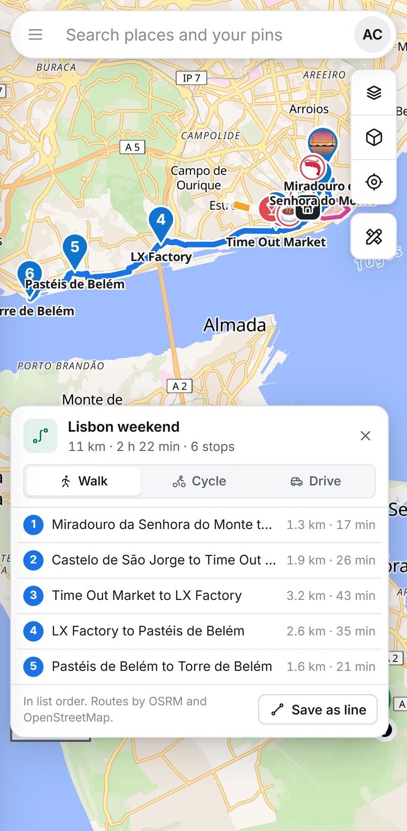 Pinsake in Safari on an iPhone: a walking route through six stops in Lisbon with the time for each walk