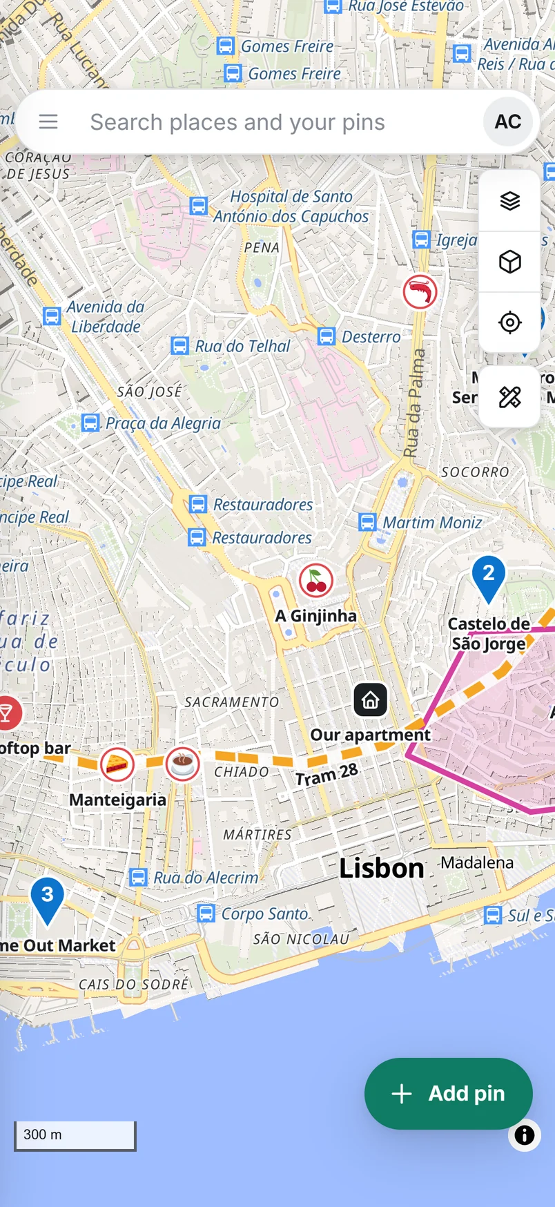 Pinsake added to the home screen of an iPhone, full screen, with pins across Lisbon