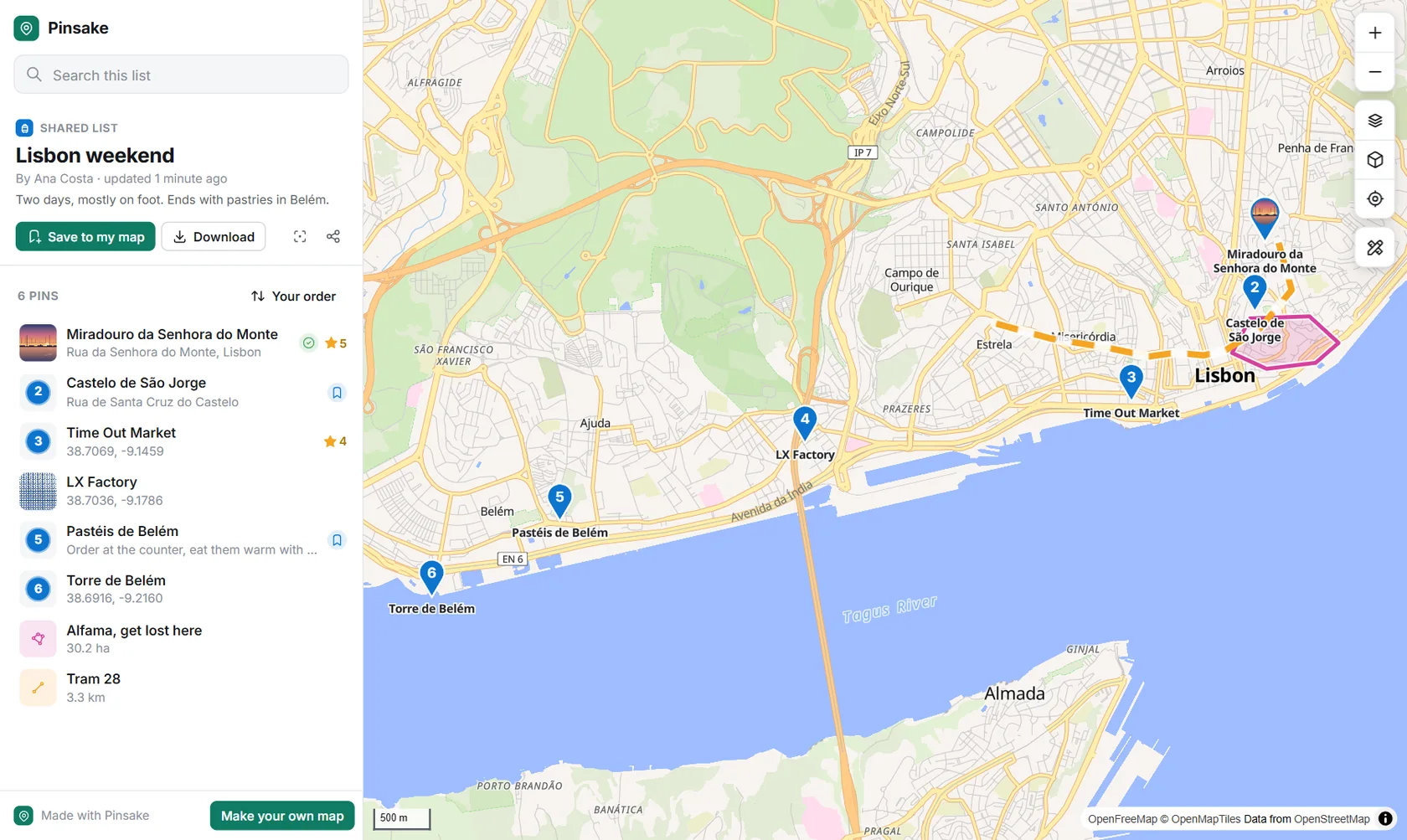 A shared list as a visitor sees it, with Save to my map and Download