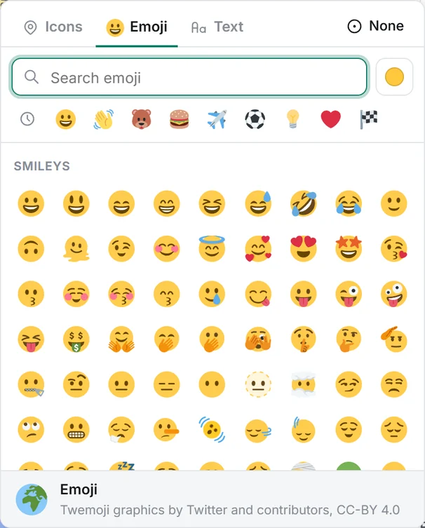 The symbol picker with emoji grouped into smileys, food, travel and more