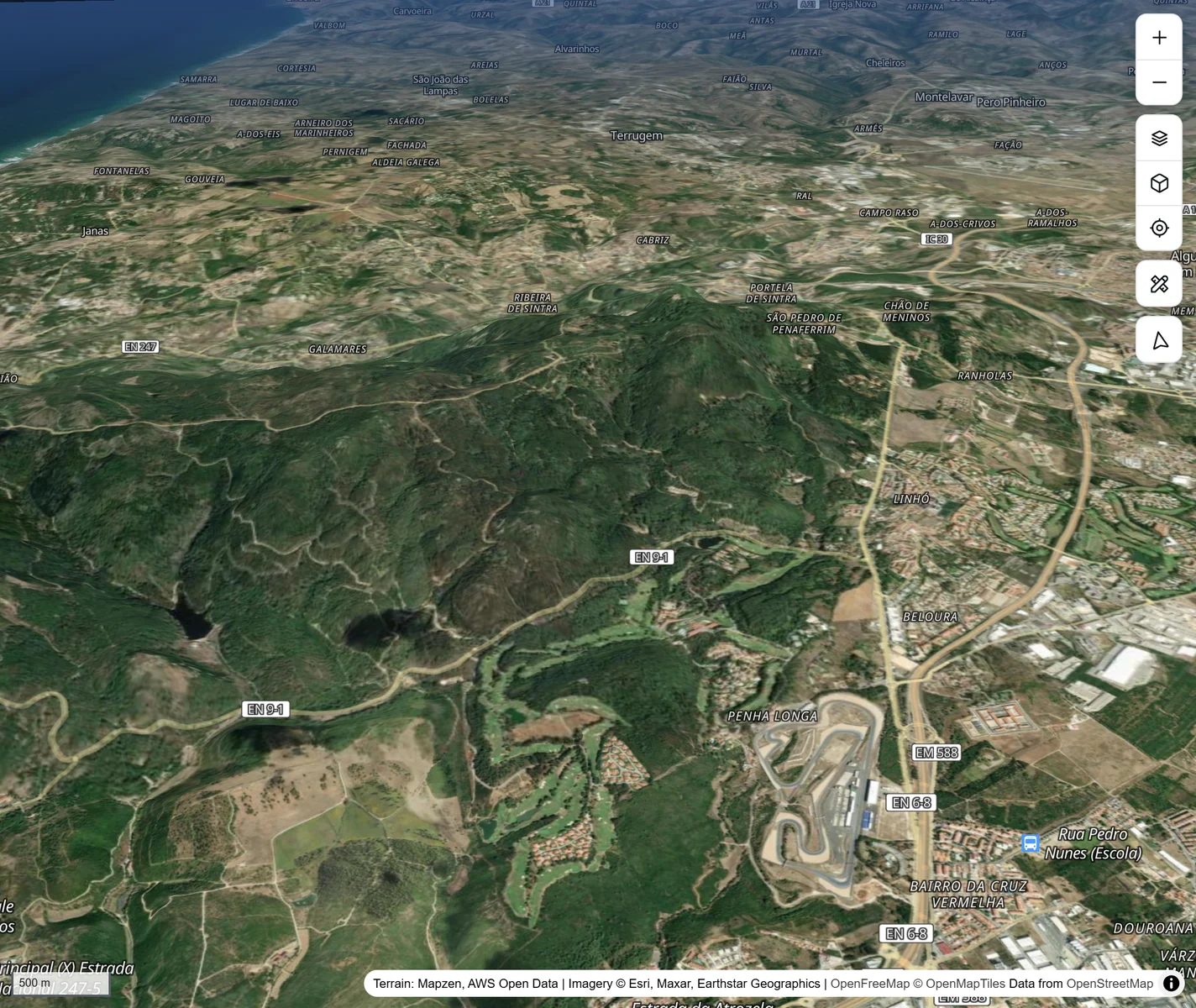 Satellite map of the hills of Sintra in 3D, with a beach pin by the sea